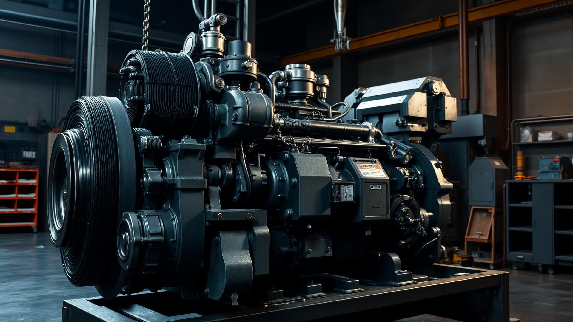 Heavy diesel engine in industrial workshop
